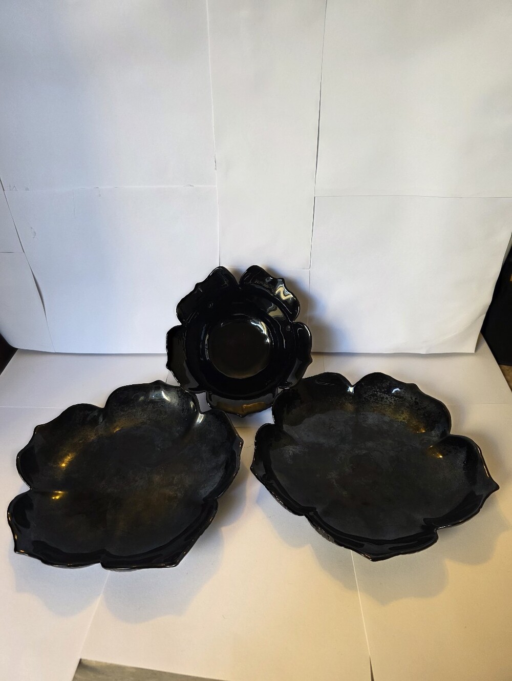 Vintage Arcoroc France Black Lotus Glass Bowl & Plate Set of 3